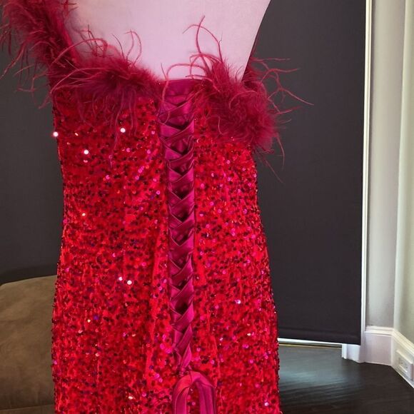 Women’s Pink Short Feather & Sequin One Shoulder Prom Party Dress Size 14 *READ - Picture 7 of 16